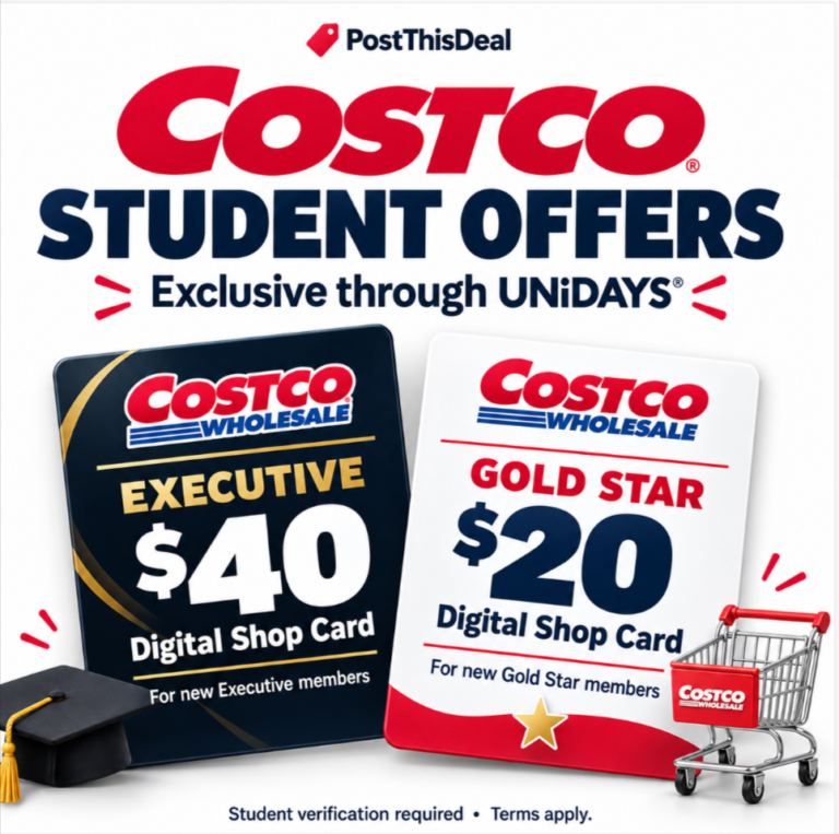 Costco membership (Gold Star or Executive) with digital Costco Shop Card for students via UNiDAYS