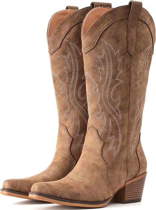 IUV Women's Western Cowgirl Mid-Calf Snip Toe Chunky Heel Boots (Brown)
