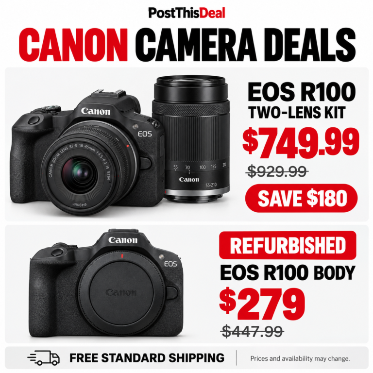 Canon EOS R100 mirrorless camera — two-lens kit and refurbished body