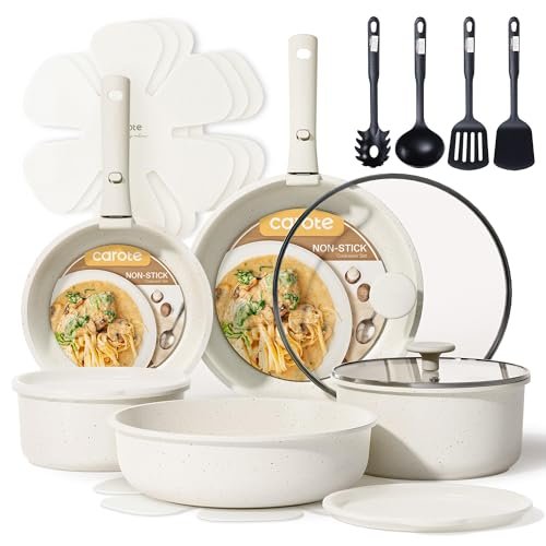 CAROTE 19pcs Pots and Pans Set Non Stick, Detachable Handle Cookware, White | Induction Compatible, Dishwasher & Oven Safe, Kitchen Organization, Cooking Set for Camping/RV/Traveling, House Warming Gift