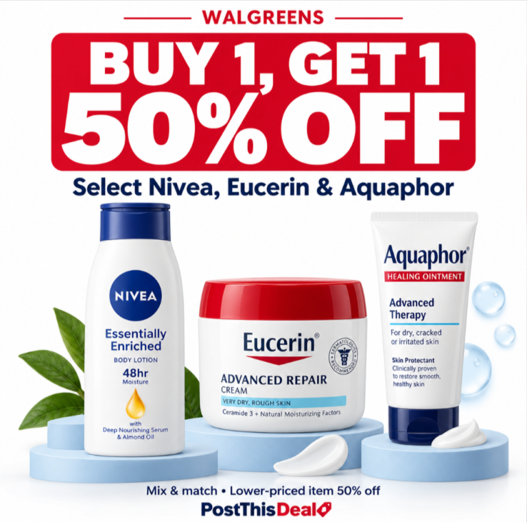 Select Nivea, Eucerin and Aquaphor skin care (lotions, creams, ointments)